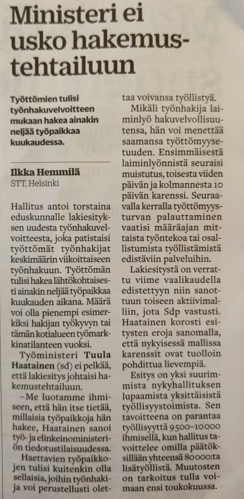 haatainen ministeri työttömien työnhakuvelvoite