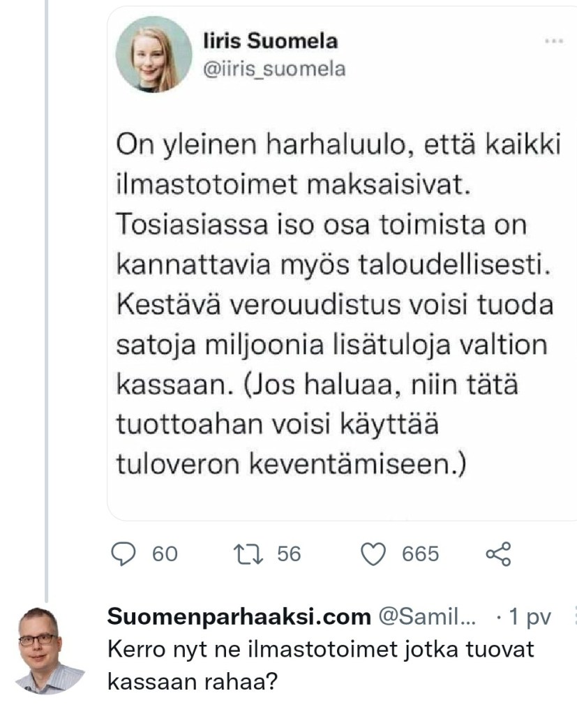 iiris suomela ilmastotoimet kestävä verouudistus