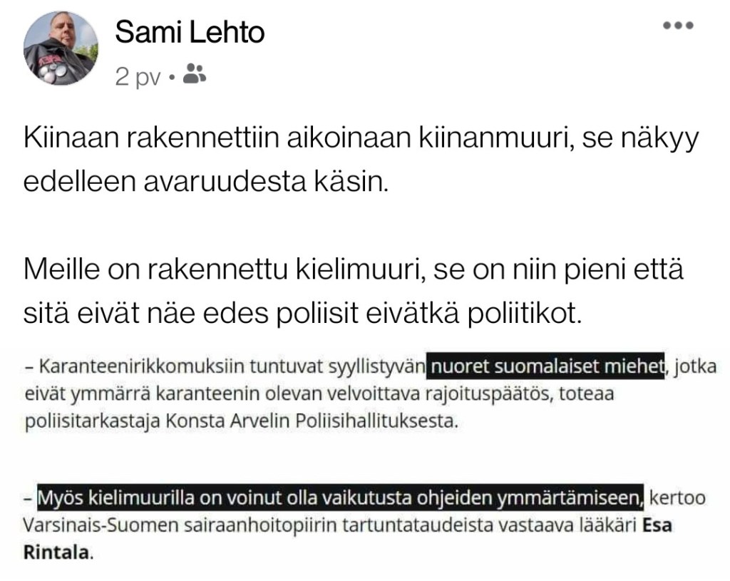 kiinanmuuri avaruus karanteeni kielimuuri nuoret suomalaiset miehet